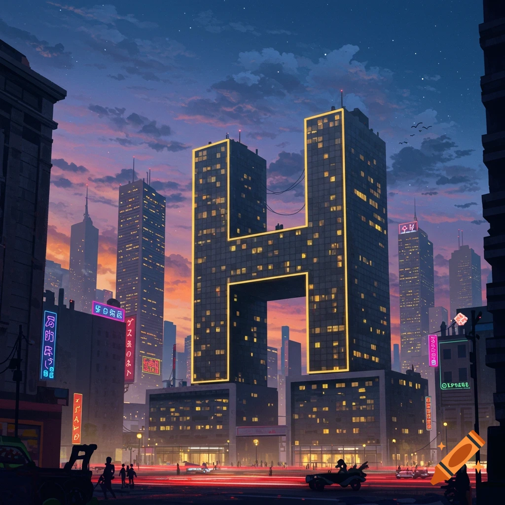 A stylized city skyline at dusk features a large skyscraper shaped like the letter H, glowing with yellow lights, surrounded by other buildings and neon signs.