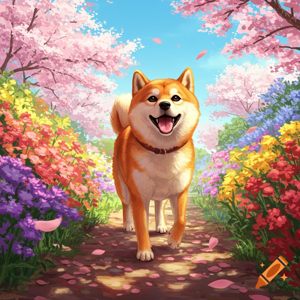 A happy Shiba Inu walks on a flower-lined path under pink cherry blossoms in a vibrant digital art style.