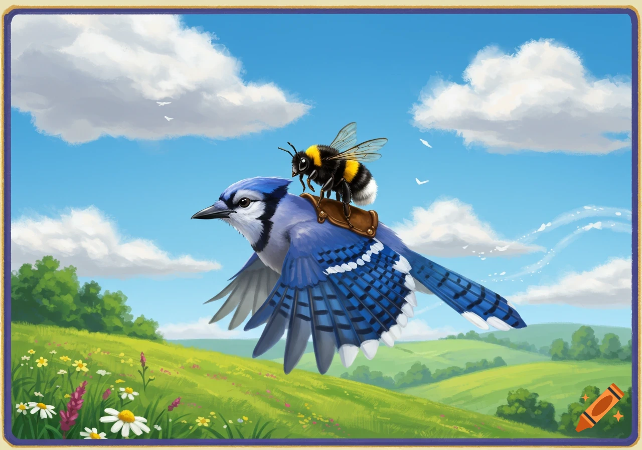 A cartoon bumblebee with a saddle rides a blue jay flying over a vibrant green field with flowers under a blue sky.