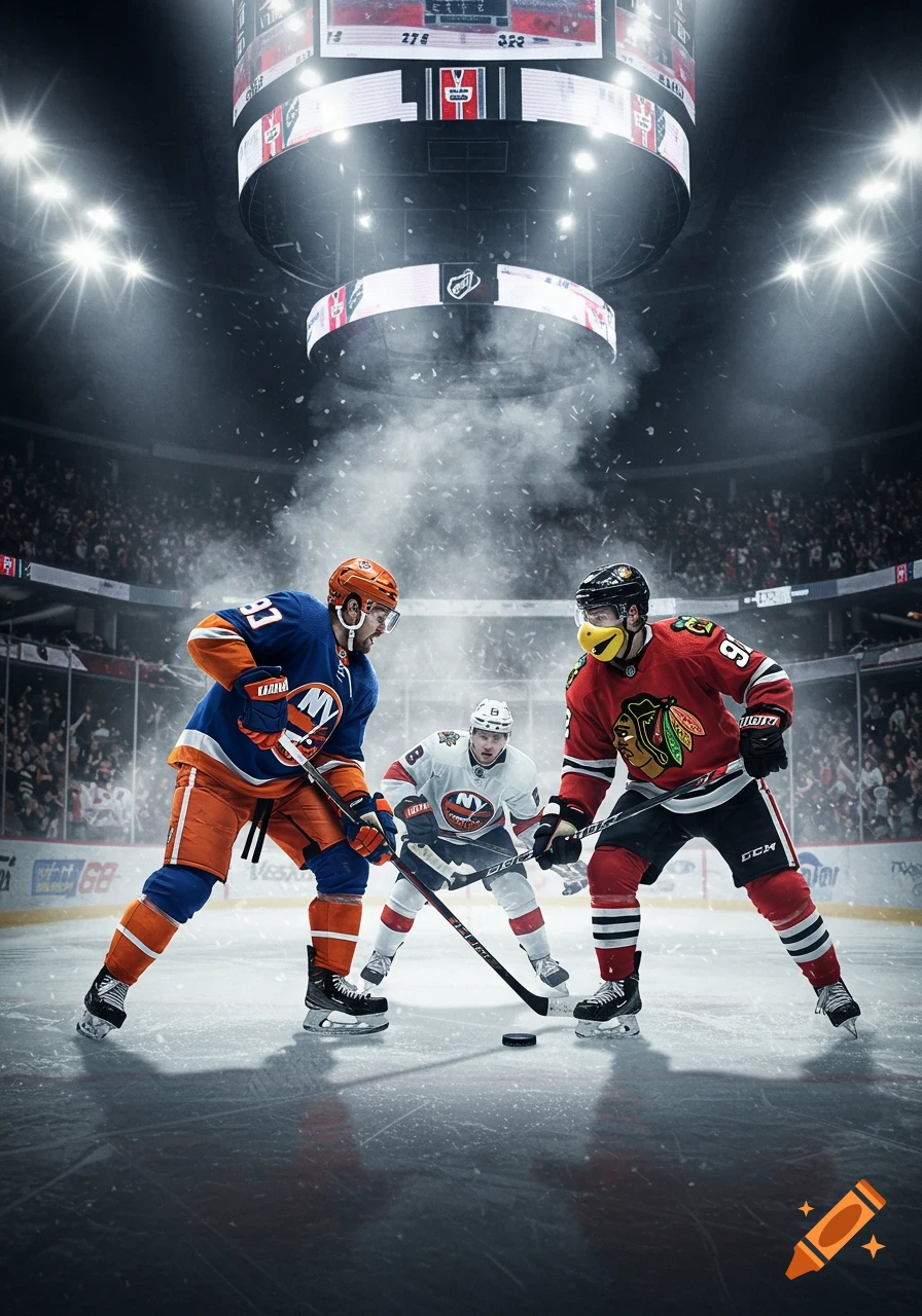 Three hockey players on the ice in a stadium, one in a blue and orange Islanders jersey, one in a red and black Blackhawks jersey, and another in a white Islanders jersey behind them. The puck is on the ice, surrounded by mist and falling ice particles, under bright arena lights.