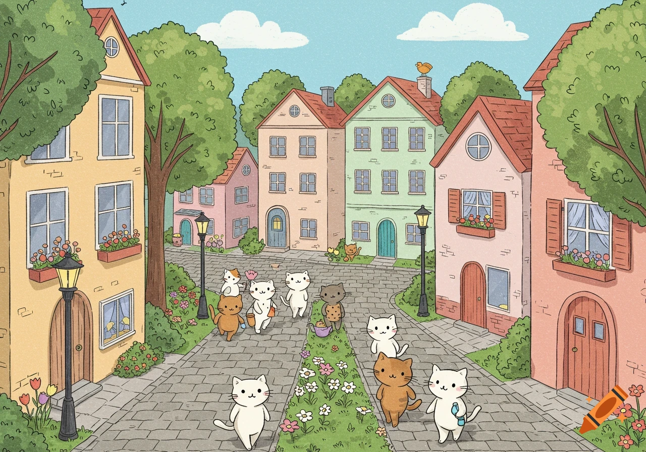 Cartoon illustration of a city with colorful houses and many happy cats walking on a cobblestone street, surrounded by trees and flowers, under a blue sky.