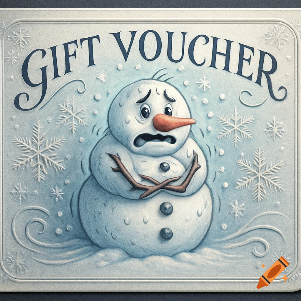 Cartoon of a shivering snowman on an embossed gift voucher with 'GIFT VOUCHER' text and snowflakes.