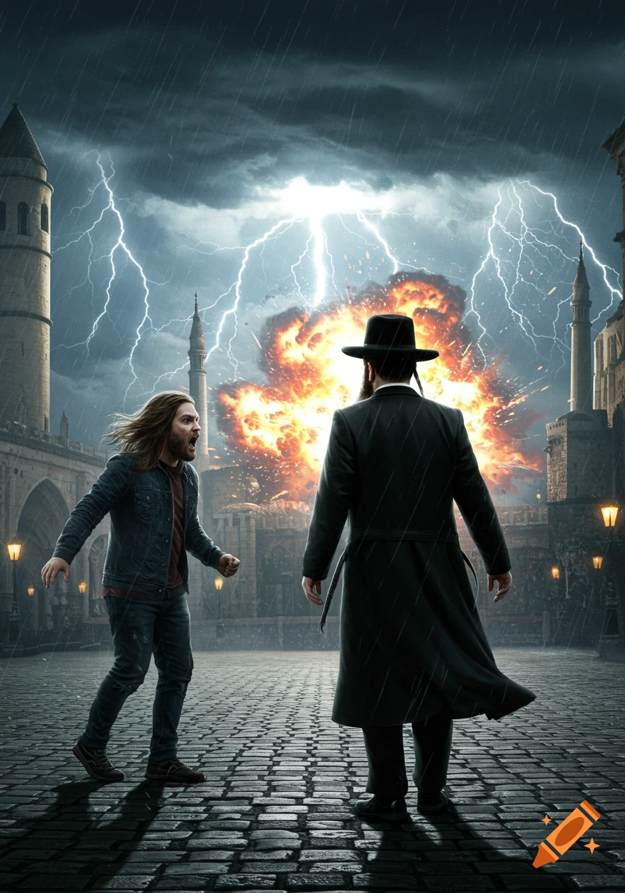 Two men confront each other on a cobblestone street during a stormy night with lightning and an explosion in an old city.