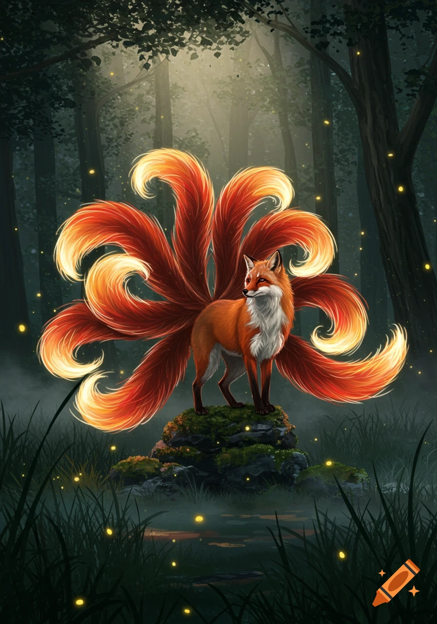 A majestic nine-tailed fox (Kitsune) with glowing orange tails stands on a mossy rock in a mystical, dark forest filled with fireflies.