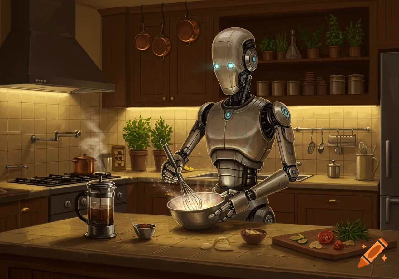 A sleek, silver robot in a cozy, warm-lit kitchen whisks ingredients in a bowl on a wooden countertop.