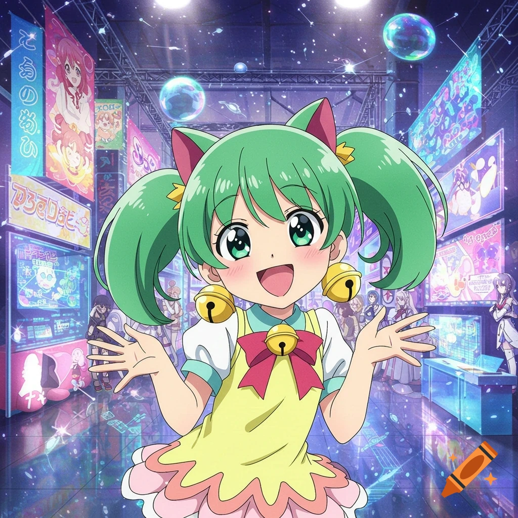 A vibrant anime girl with green hair, cat ears, and bells smiles brightly in a neon-lit arcade.