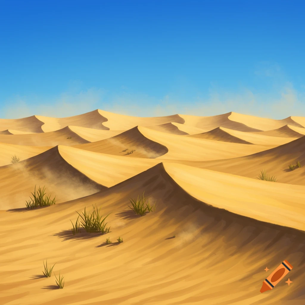 Stylized desert landscape with rolling sand dunes, scattered green grass tufts, and subtle wind effects under a clear blue sky.