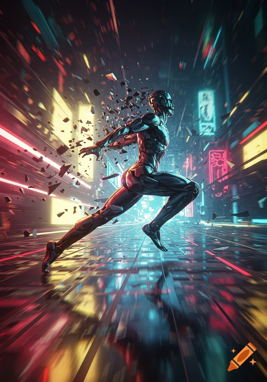 A dynamic, futuristic metallic figure runs through a fragmented, neon-lit cyberpunk cityscape, dissolving into shards.