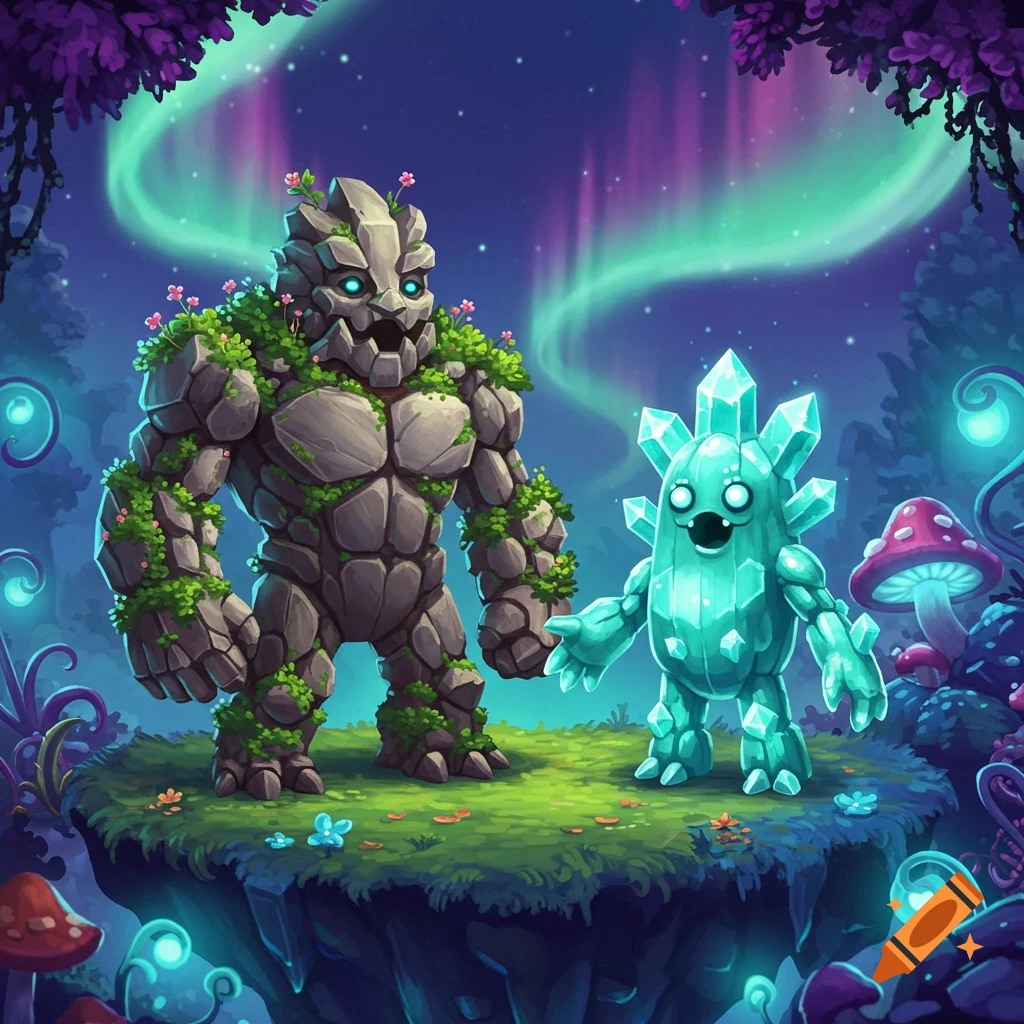 A large grey rock monster covered in vines stands next to a smaller teal crystal monster on a floating island under a vibrant aurora, in a cartoon fantasy style.
