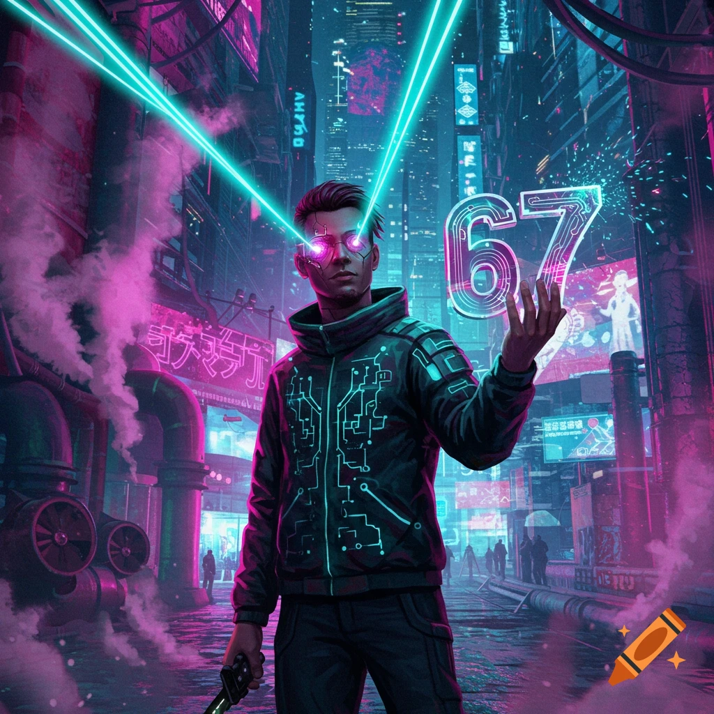 A man with glowing pink eyes and circuit-patterned jacket, with neon lasers shooting from his eyes, holds a large glowing "67" in a vibrant, futuristic cyberpunk city street at night.