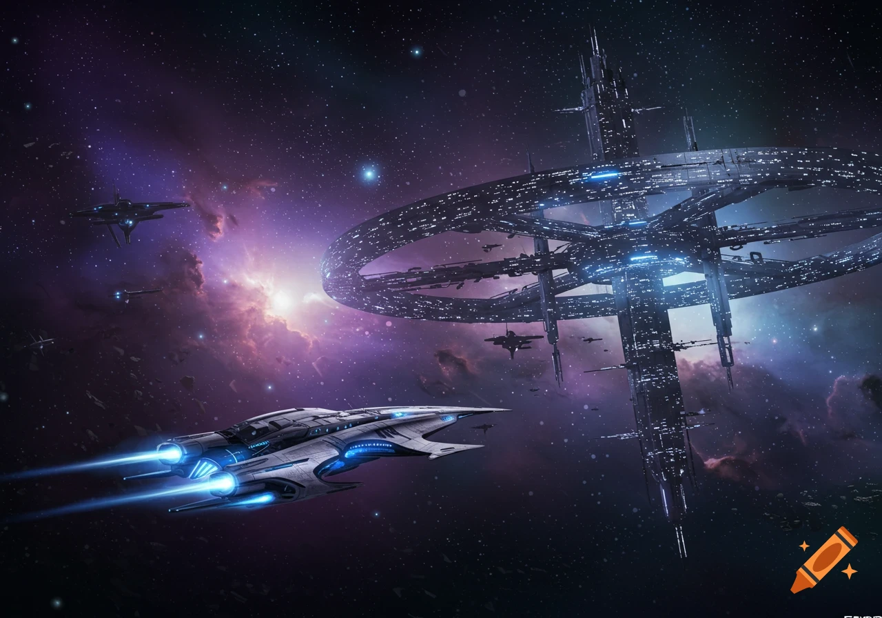 A futuristic white and blue spaceship with glowing thrusters flies toward a massive, illuminated ring-shaped space station in a purple nebula.
