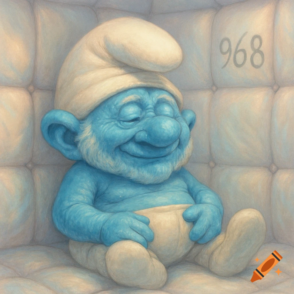 A detailed, painterly image of an old, blue Smurf with closed eyes smiling, sitting in a padded cell with '968' on the wall.