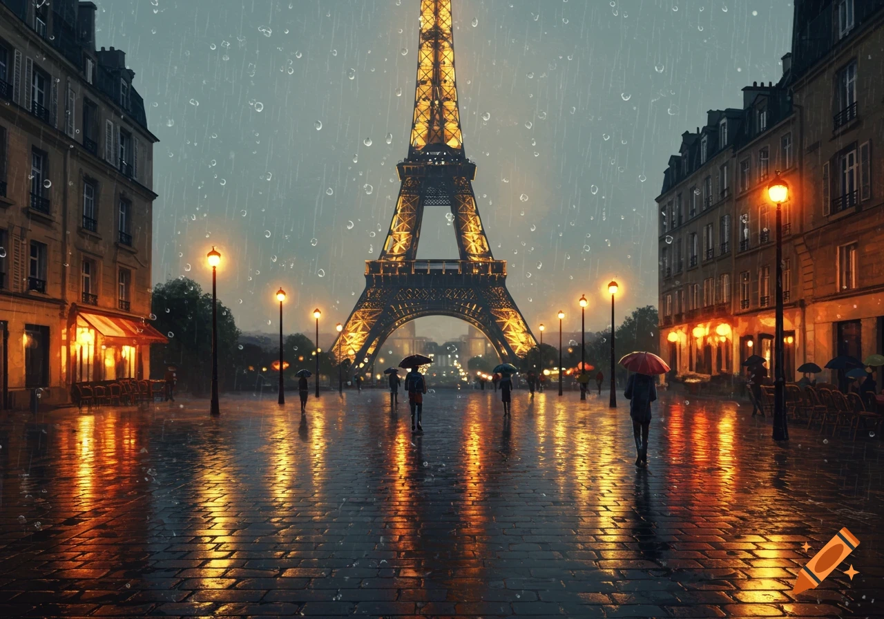 The Eiffel Tower glows on a rainy evening in Paris, with people and streetlights reflecting on wet cobblestones.