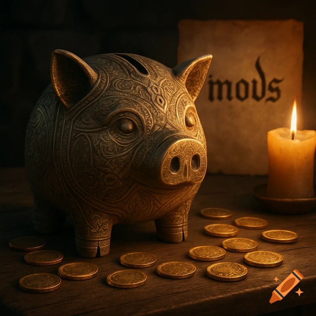 An ornate, medieval-style metal piggy bank surrounded by gold coins on a wooden table, lit by a candle. A parchment is in the background.