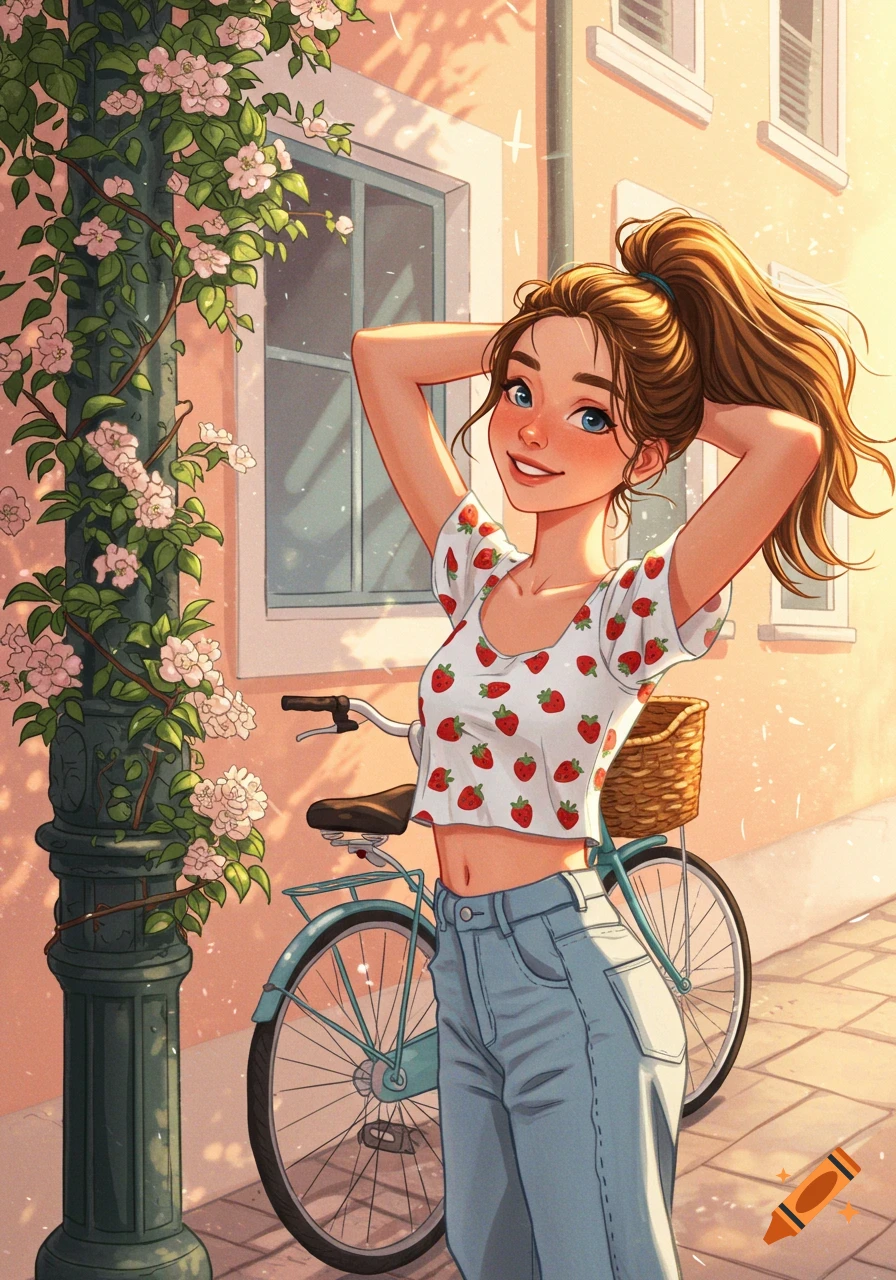 A smiling anime girl in a strawberry crop top and jeans stands by a bike on a sunny street.