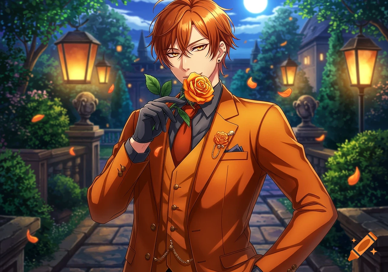 Anime man in an orange suit holding an orange rose in an elegant night garden with lanterns.