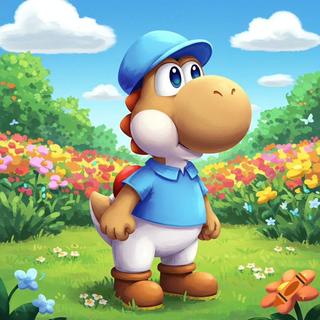 Tan Yoshi-like character wearing a blue hat and shirt, white pants, and brown shoes, standing in a vibrant flower garden.