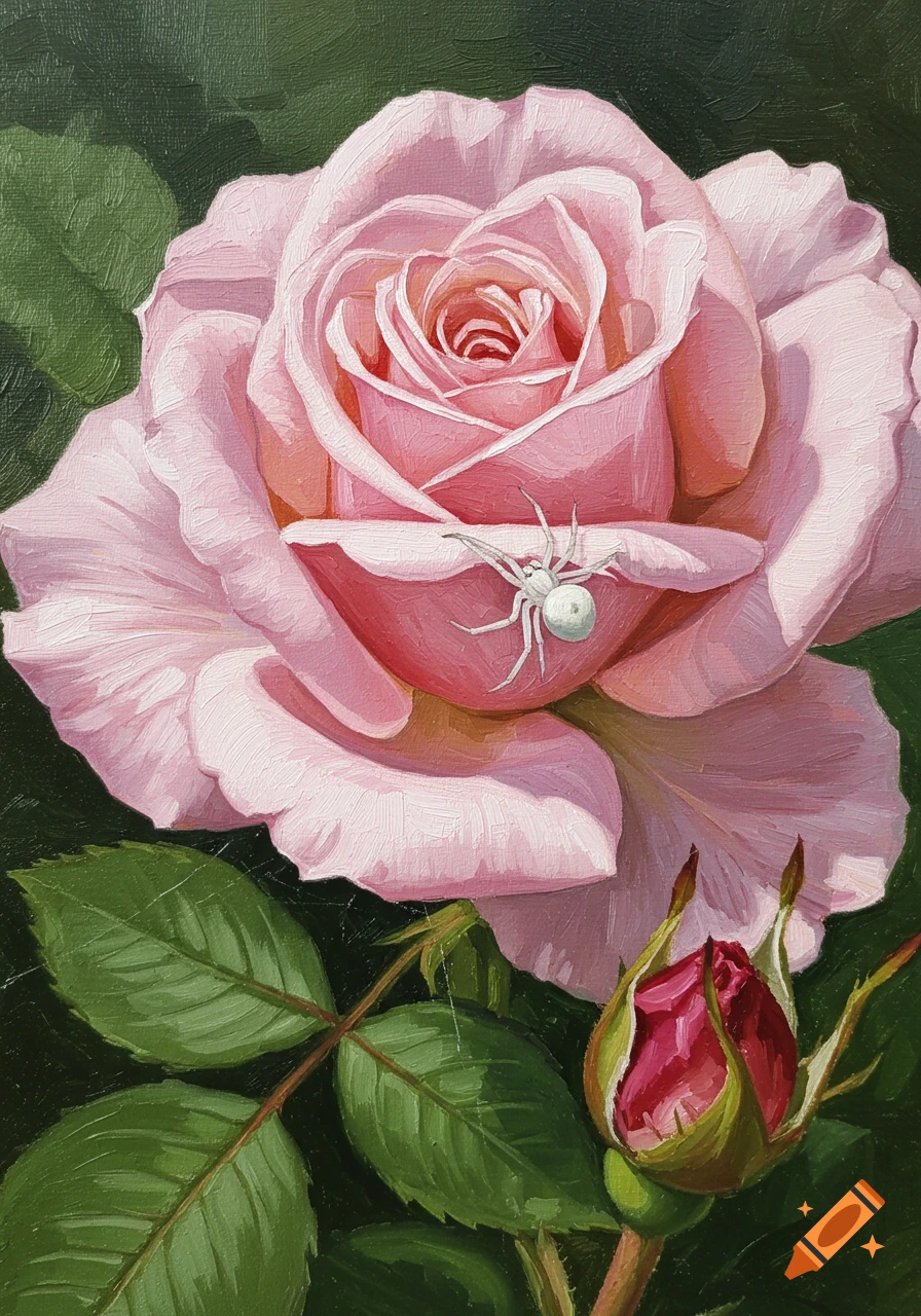 An oil painting of a large pink rose with a white spider on its petal, and a closed rosebud in the bottom right corner.