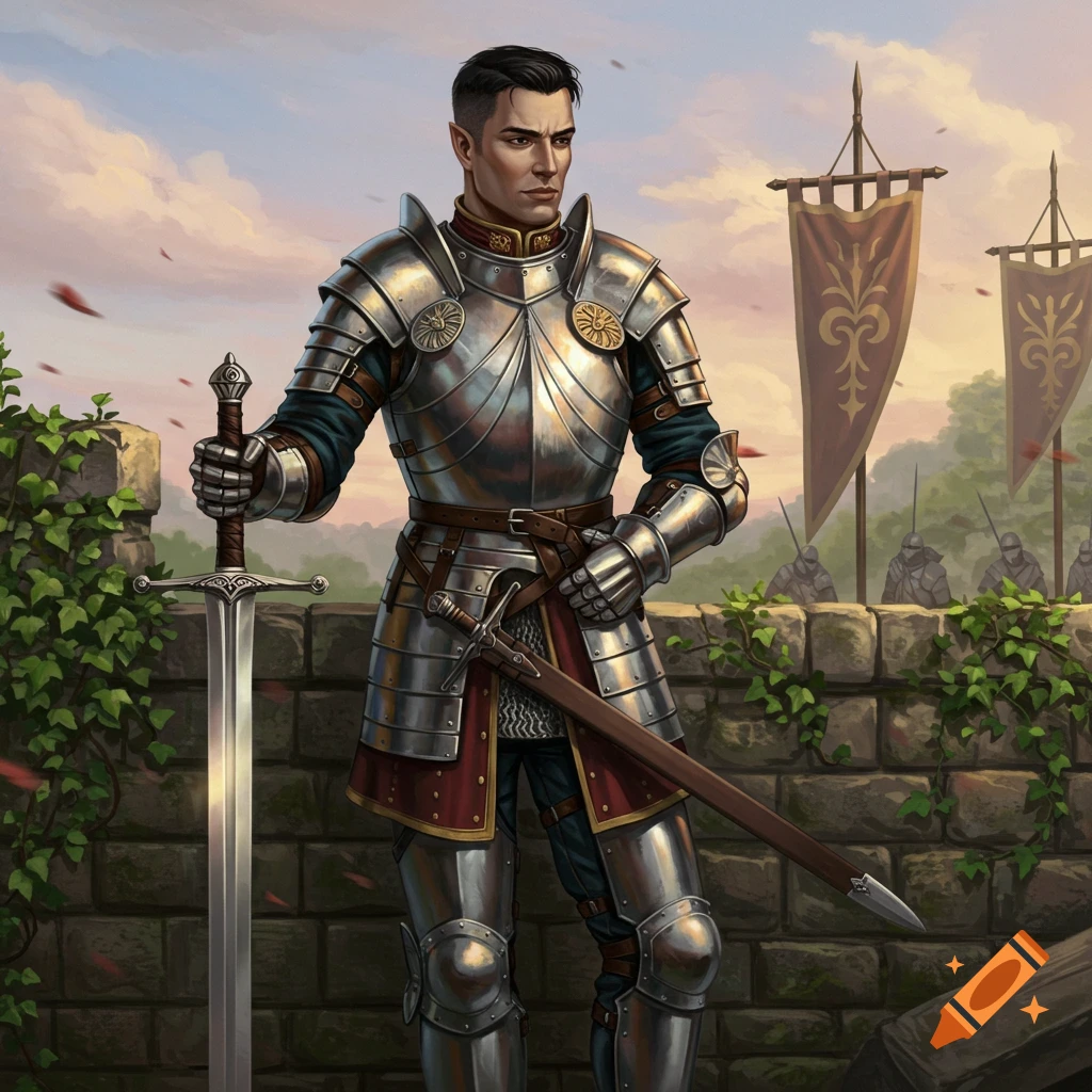 A knight in shining silver and red armor stands holding a large sword in front of a stone wall with banners and soldiers in the background.