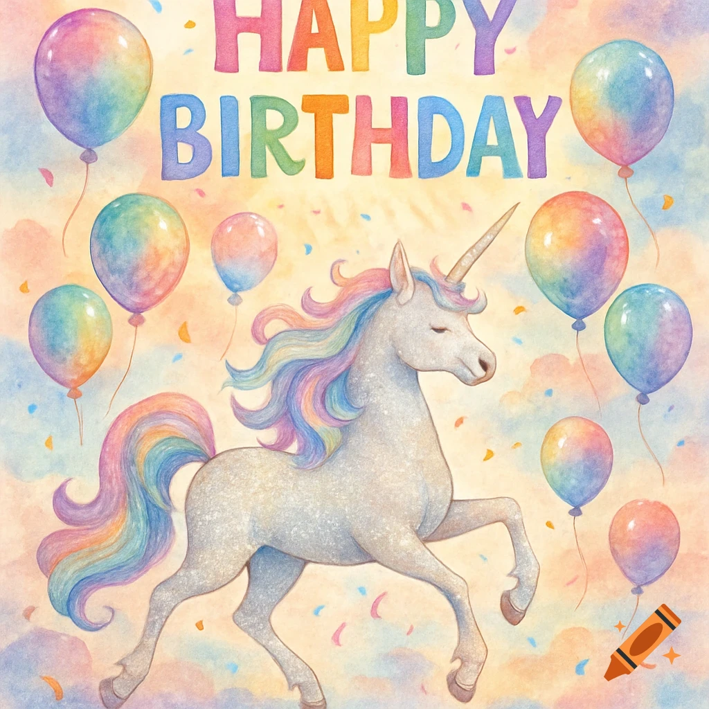 Watercolor unicorn with rainbow mane, tail, and horn, surrounded by colorful balloons and confetti, with 'HAPPY BIRTHDAY' text.