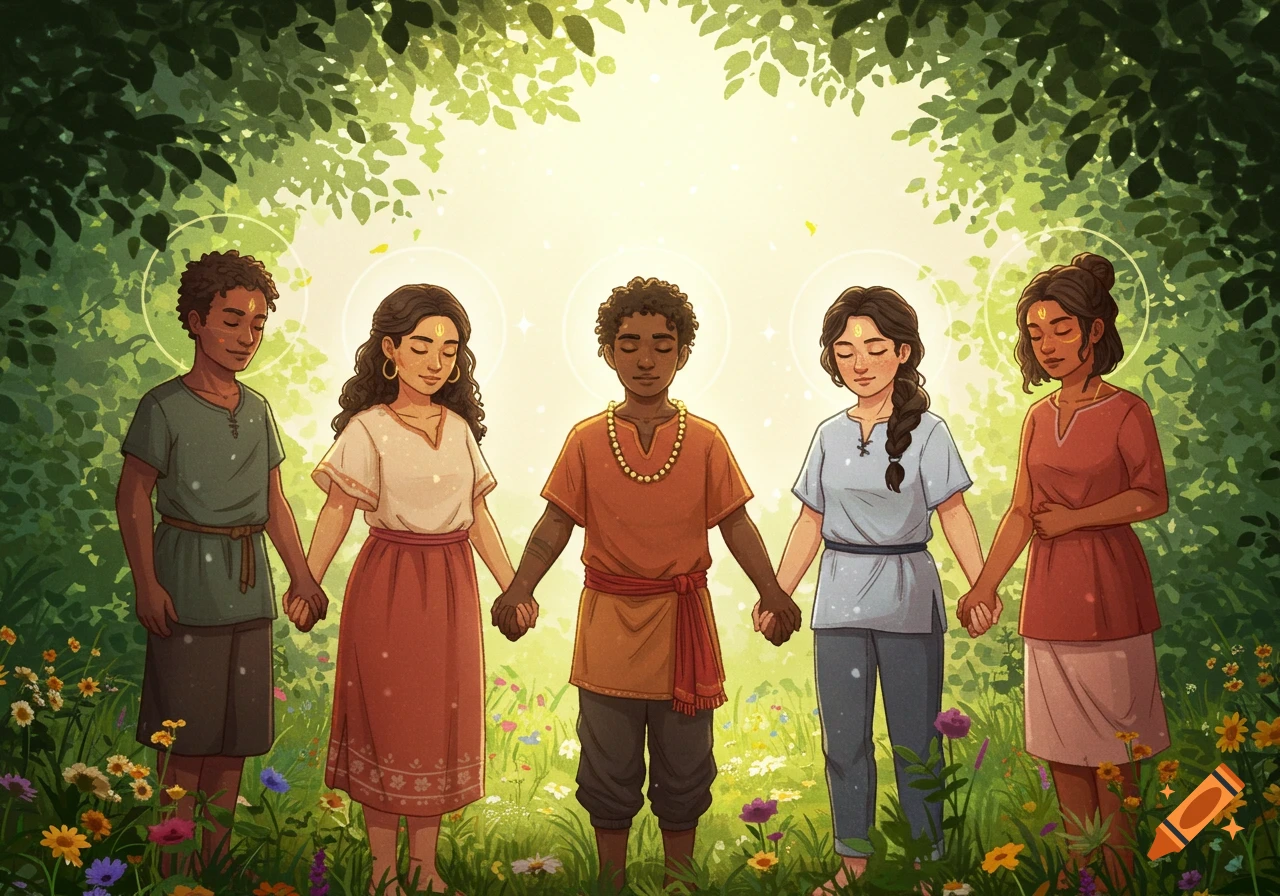 An illustration of five young people with closed eyes holding hands, standing in a vibrant green forest with wildflowers, bathed in warm sunlight.