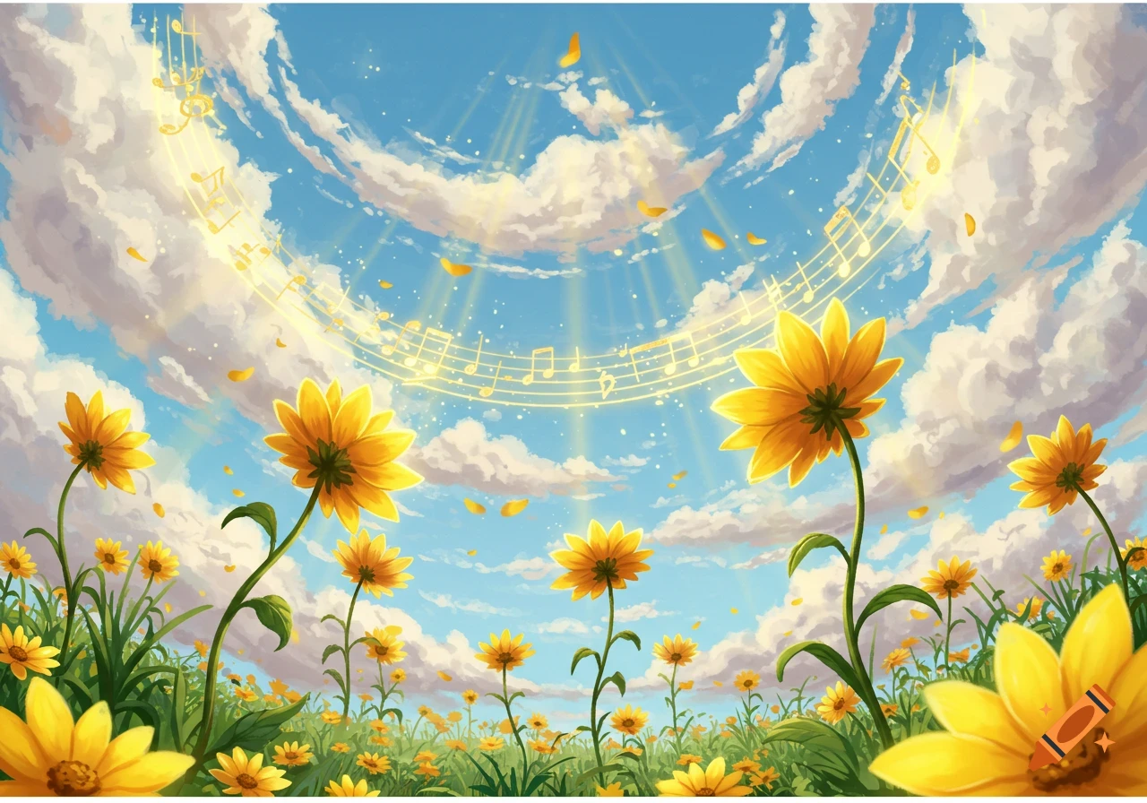 Vibrant anime-style field of yellow sunflowers under a bright blue sky with musical notes and sun rays.