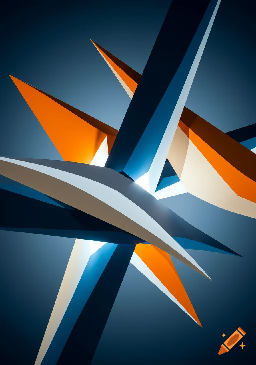 Abstract geometric composition with intersecting blue, orange, white, and gray shapes against a dark blue background.