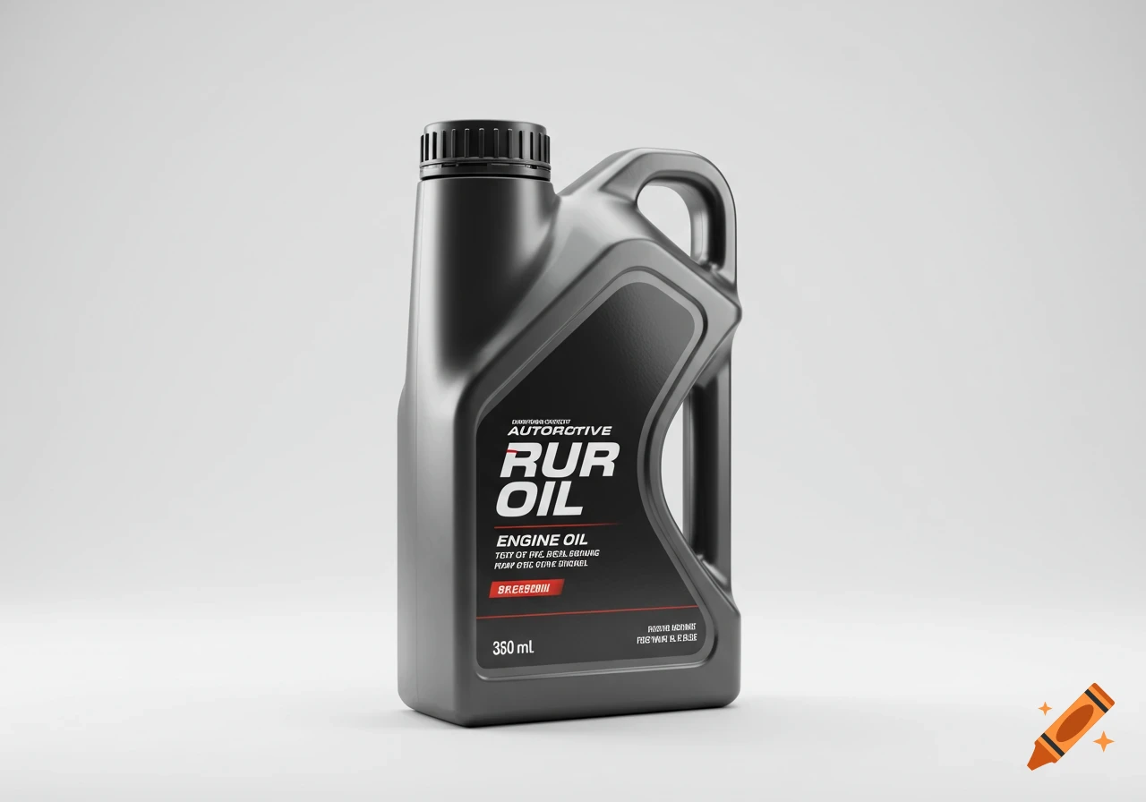 A photorealistic black engine oil bottle with a gray label reading "RUR OIL ENGINE OIL" on a clean white background.