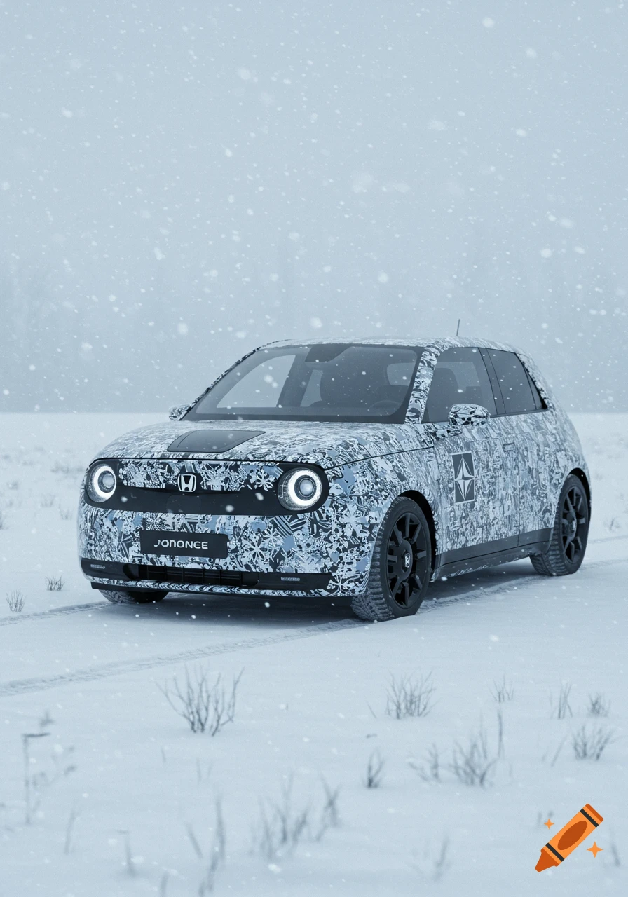 A white car with a winter camouflage pattern drives on a snowy road with falling snow in a photorealistic style.