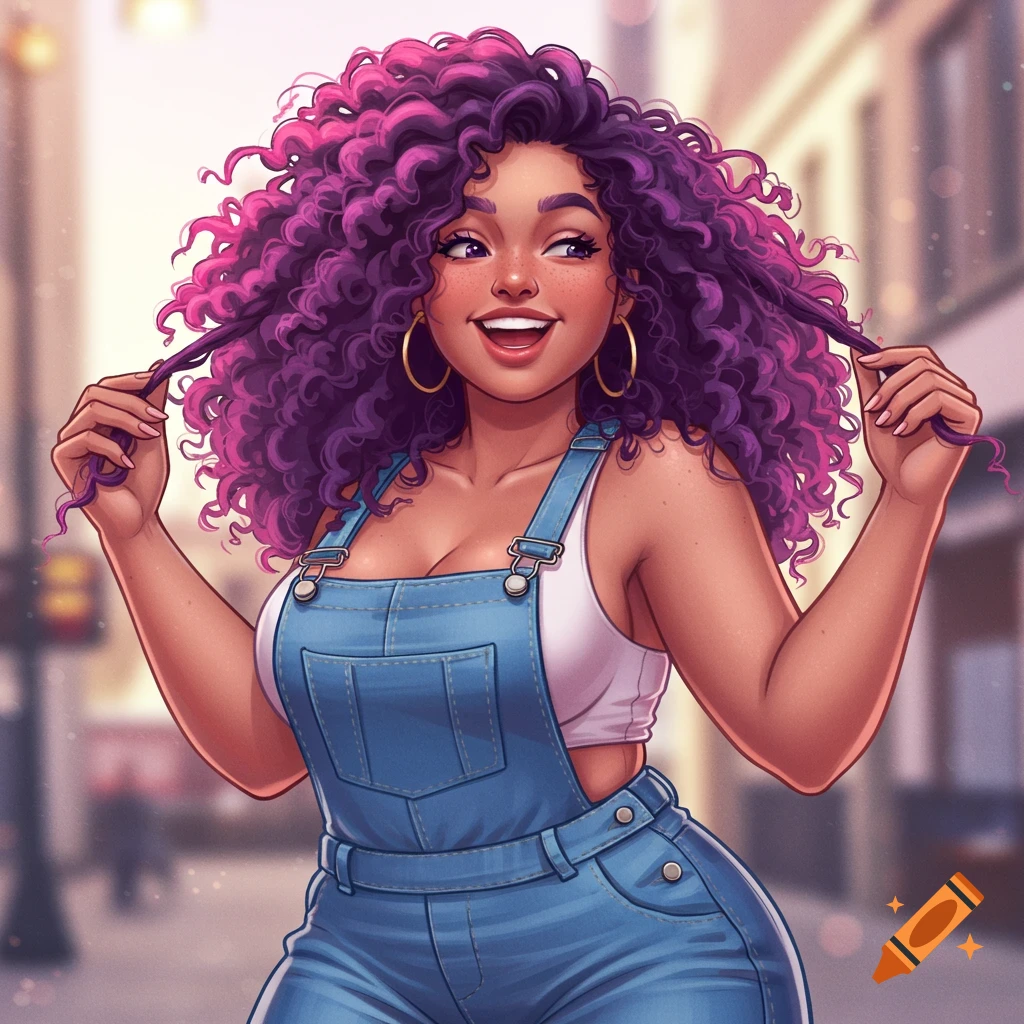 A cheerful woman with voluminous purple curly hair smiles, holding strands of her hair. She wears denim overalls and a white crop top, in a vibrant, stylized illustration.