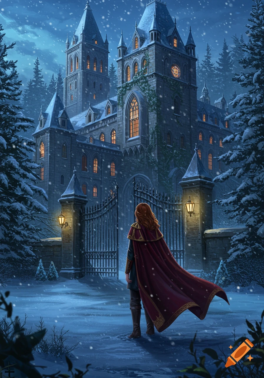 A red-haired person in a red cape stands in the snow, looking at a grand gothic castle at night, digital painting.