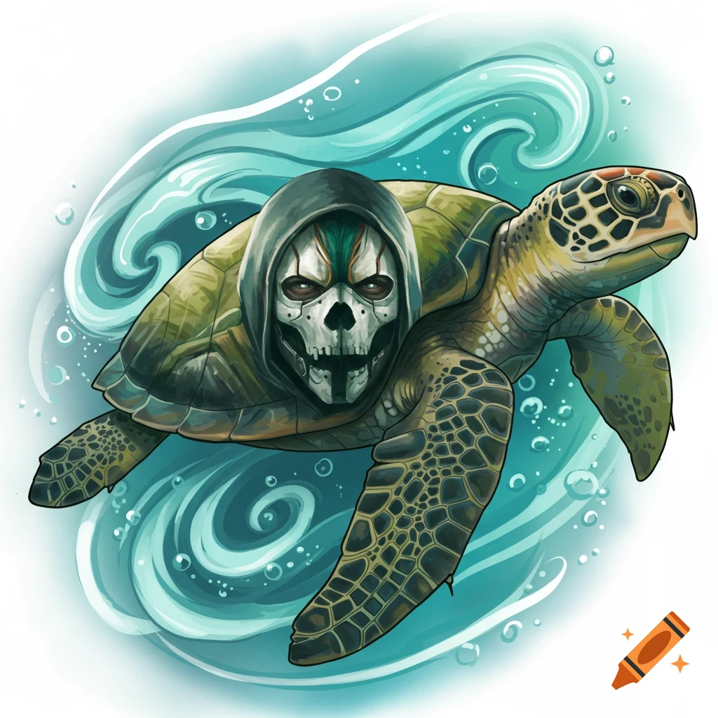 A semi-realistic tattoo design of a sea turtle with a hooded skull mask (Ghost from Call of Duty) on its back, surrounded by blue waves.