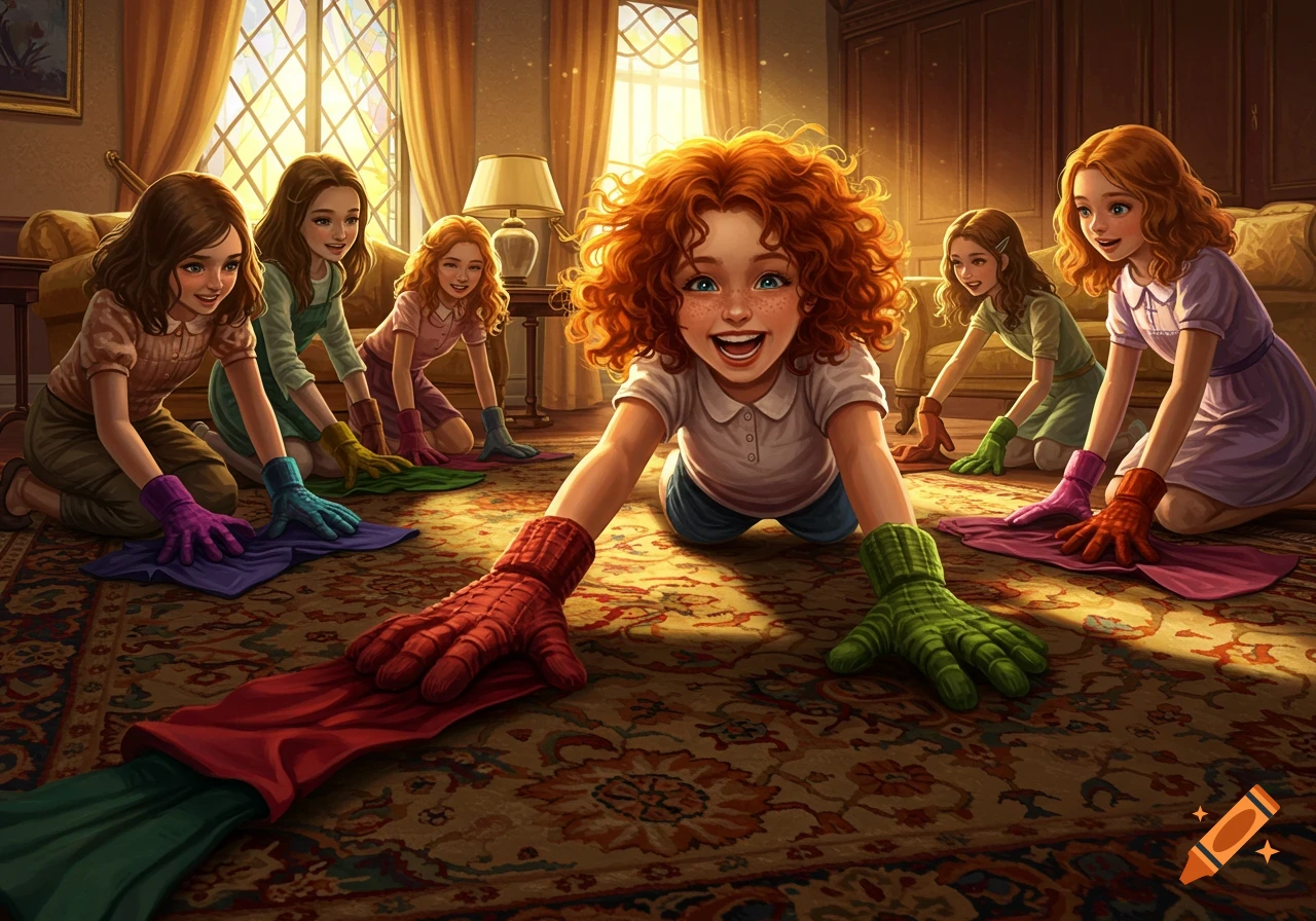 A group of cheerful girls in colorful oversized gloves rub cloths on an ornate carpet in a sunlit room, illustration style.