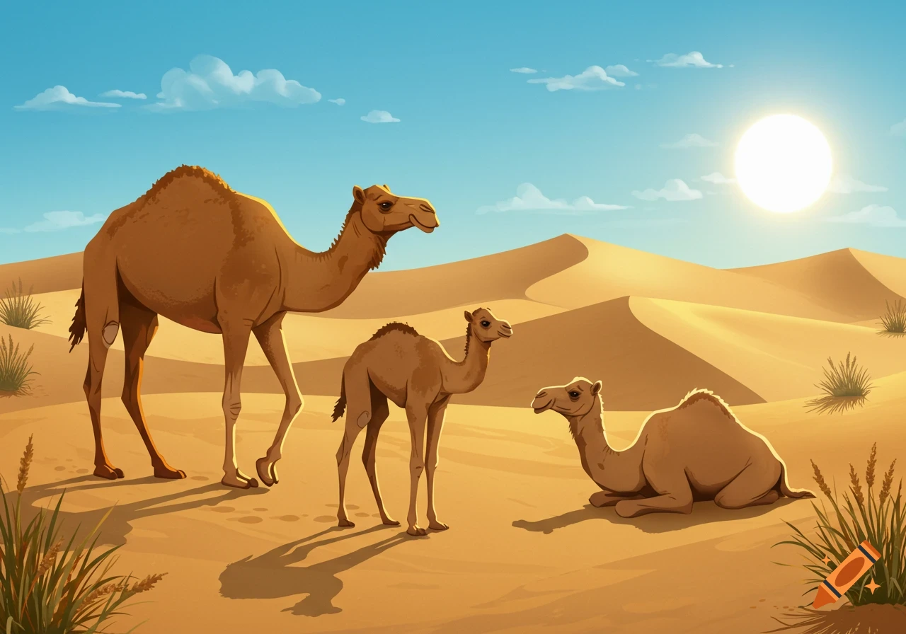 A cartoon illustration of three camels in a sunny desert with sand dunes and sparse vegetation.