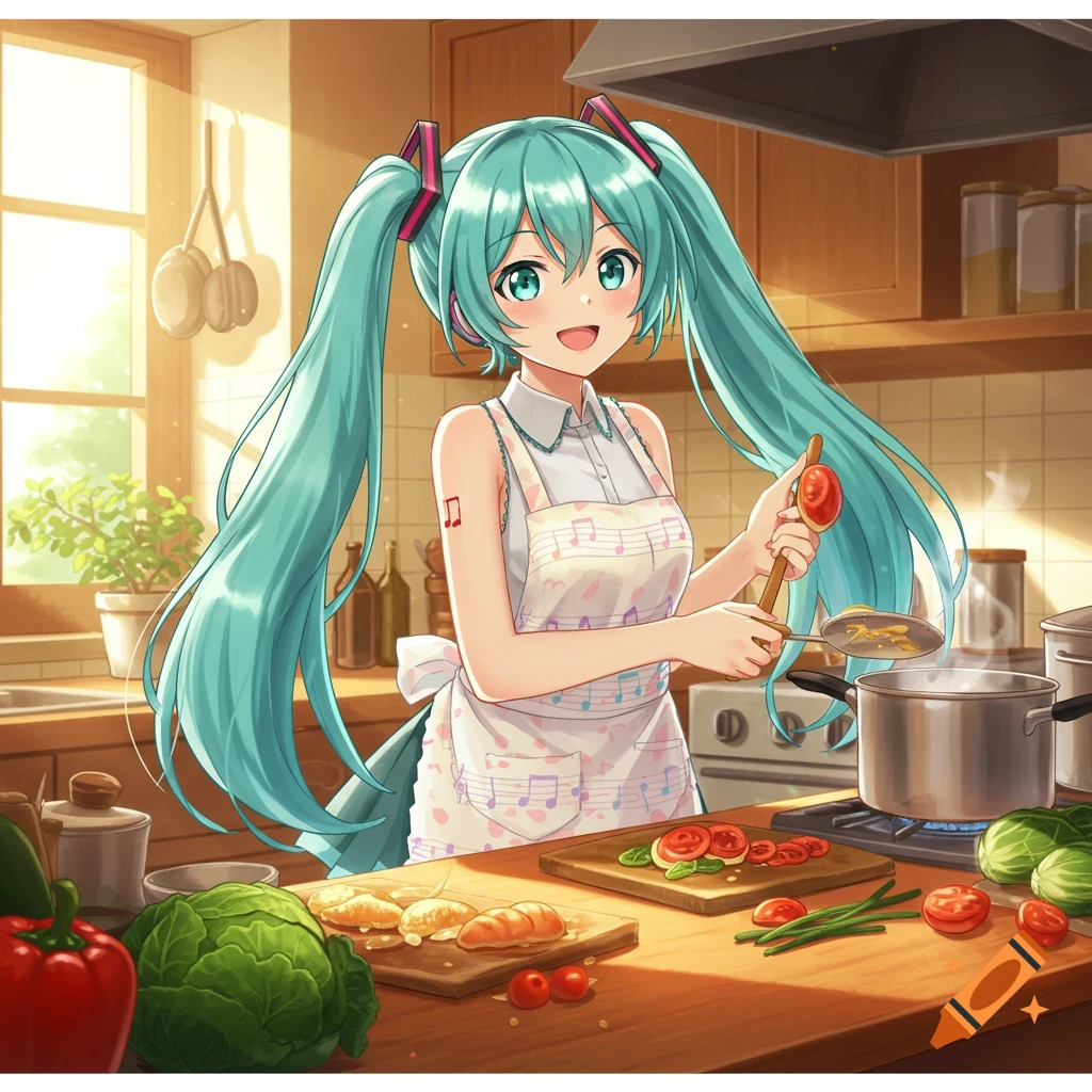 Hatsune Miku, an anime girl with long turquoise pigtails, smiles while cooking in a kitchen, stirring a pot on the stove.