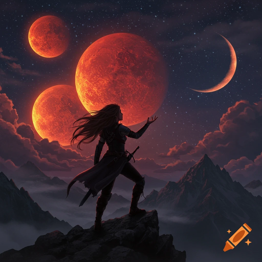 A warrior woman stands on a mountain peak, looking at three large red planets and a crescent moon in a starry night sky. Fantasy art style.