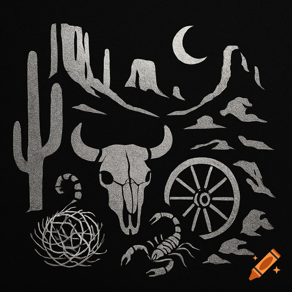 Silver metallic silhouettes of a bull skull, cactus, scorpion, wagon wheel, tumbleweed, mountains, and moon on a black desert background.