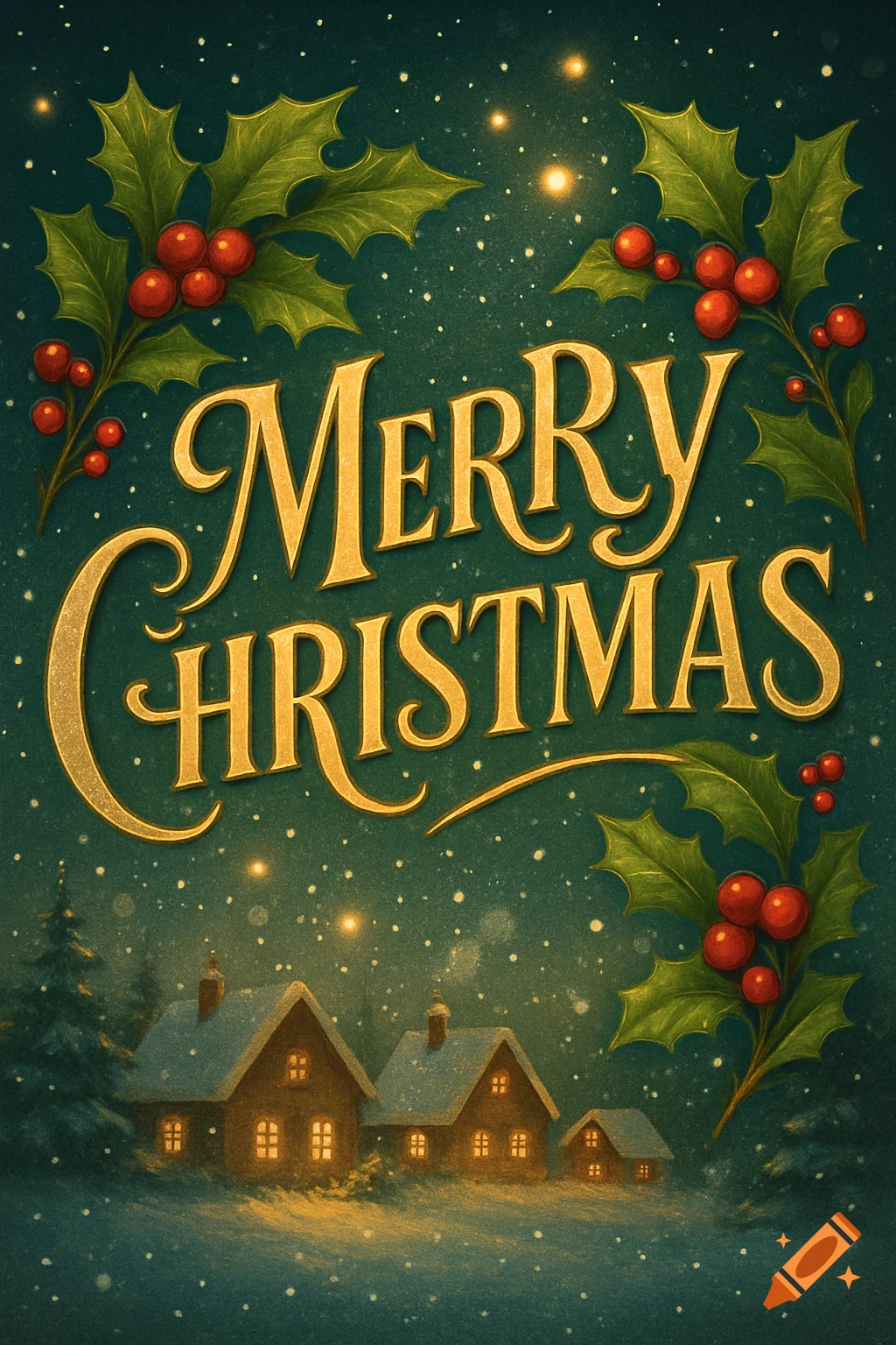 A festive illustration with 'MERRY CHRISTMAS' text, holly, snow-covered cabins, and falling snow at night.