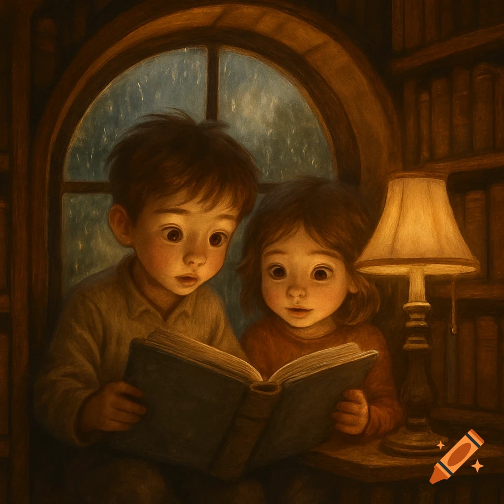 Two wide-eyed children reading a book by a warm lamp, with rain outside a window, in a cozy illustration.