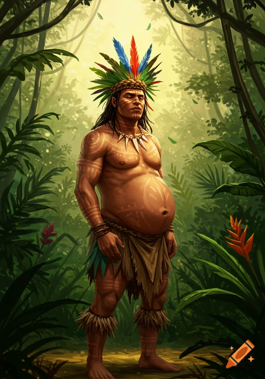 Stylized illustration of a muscular, pregnant-looking male tribesman with tribal markings and a feather headdress in a lush jungle.