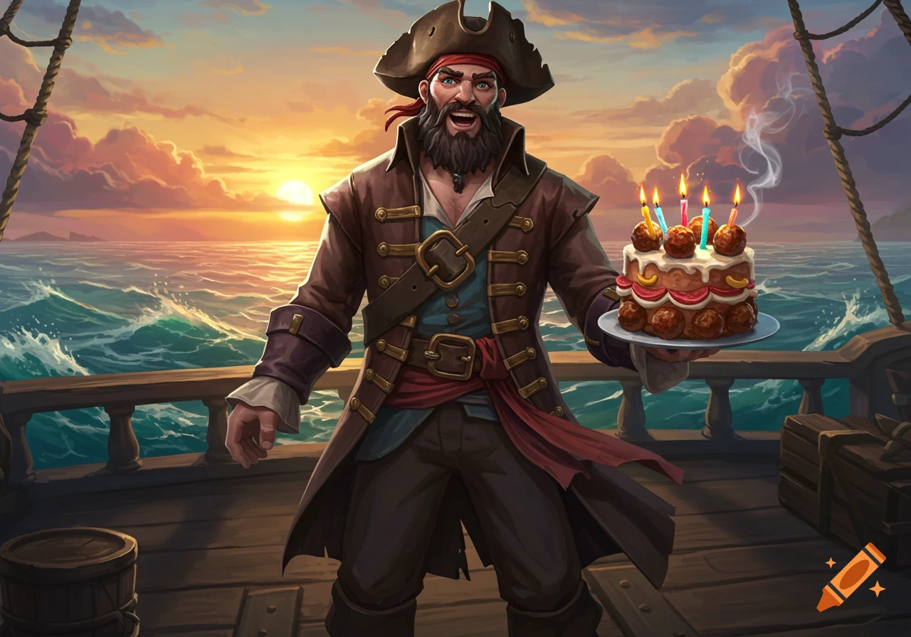 A bearded pirate captain in a tricorn hat stands on a ship deck at sunset, holding a meatball-like birthday cake with lit candles. Detailed fantasy art style.