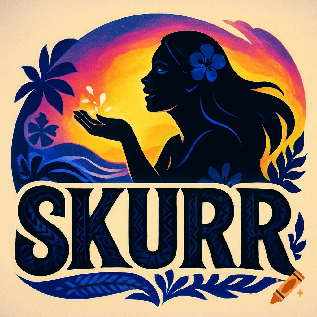 A colorful logo featuring a dark silhouette of an island woman against a sunset with palm trees, above the stylized word SKURR.