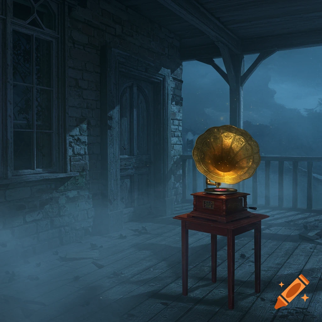 An old gramophone sits on a small wooden table on a foggy, dark porch outside an abandoned brick manor at night.