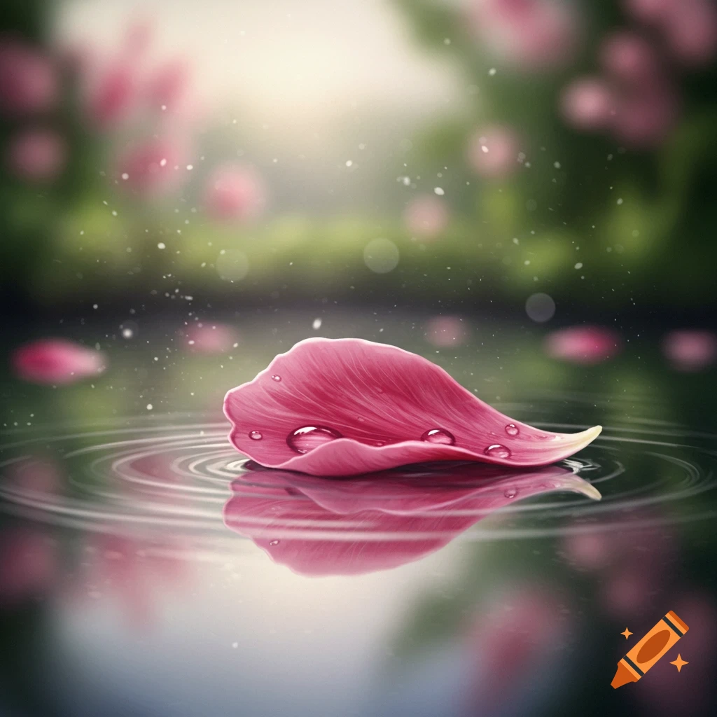 A pink flower petal with water droplets floats on calm water with ripples, reflecting a blurred green and pink background.
