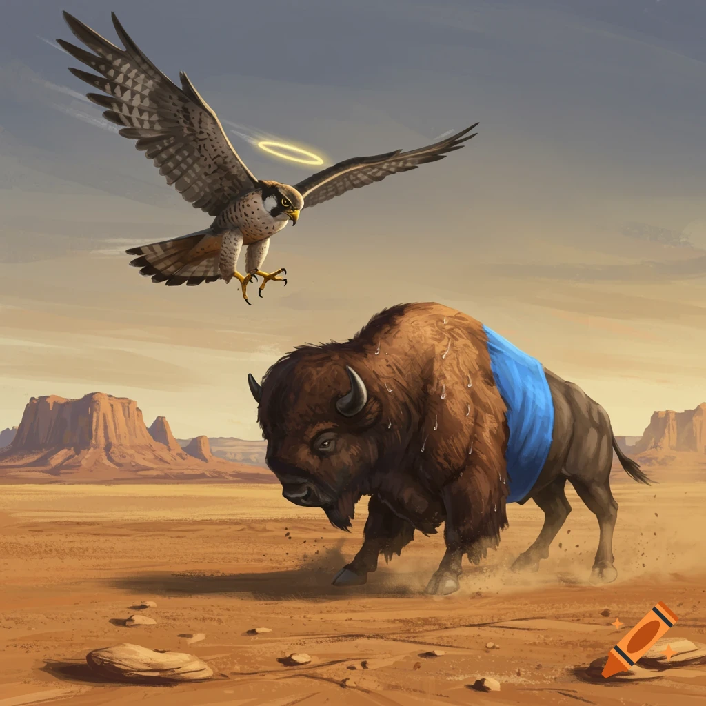 A haloed falcon dives towards a bison in a blue jersey running through a desert with mesas.