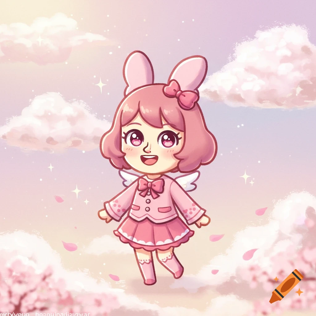 Cute pink anime character with bunny ears, small wings, and a pink dress floats in a cloudy sky with falling cherry blossoms.