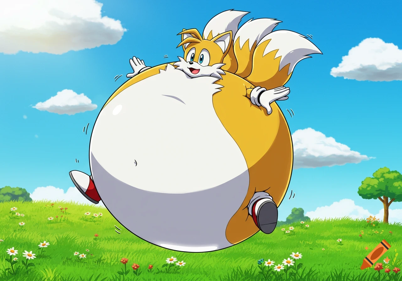 The cartoon character Tails from Sonic the Hedgehog is inflated like a giant balloon, floating in a sunny green field.