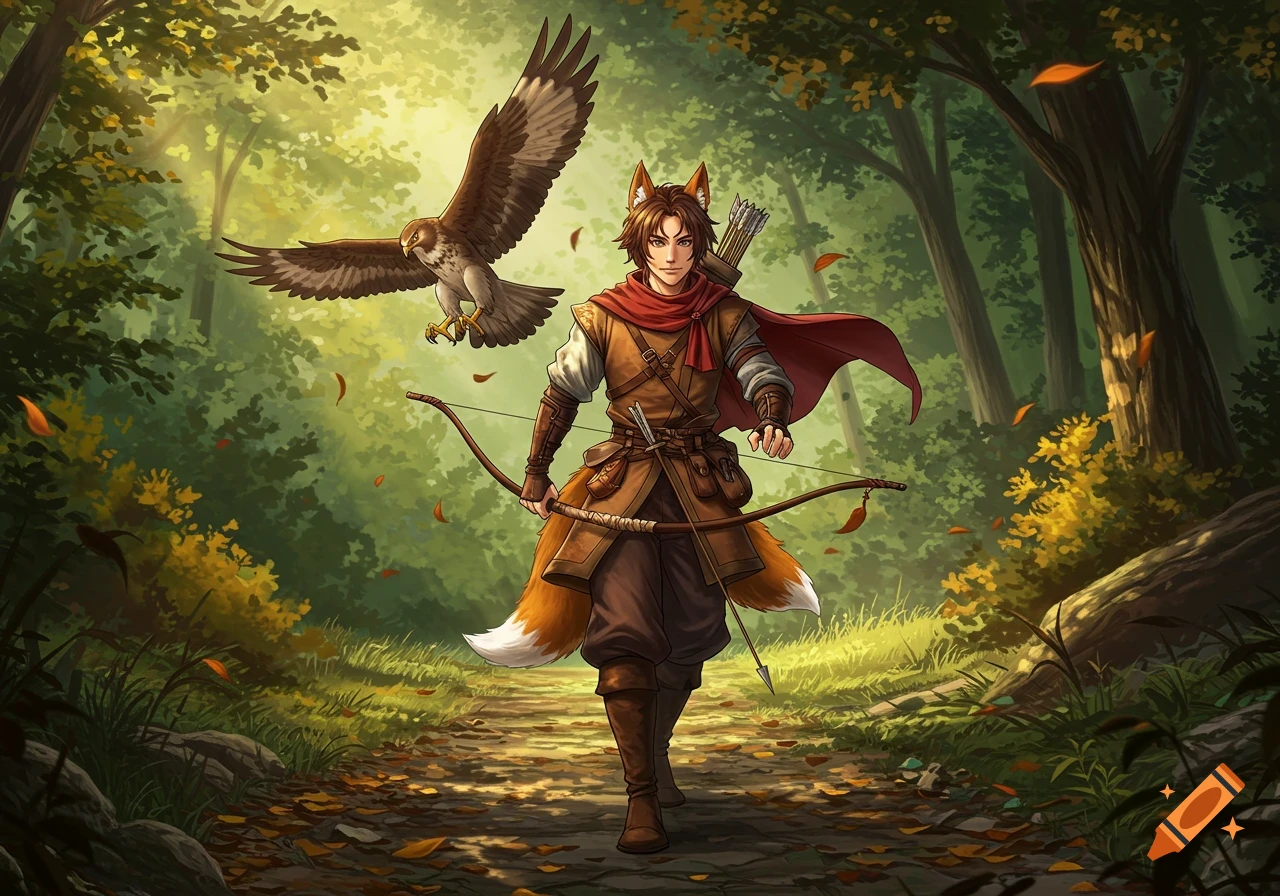 Anime style illustration of a male kitsune hunter with a bow walking on a forest path, accompanied by a flying hawk.