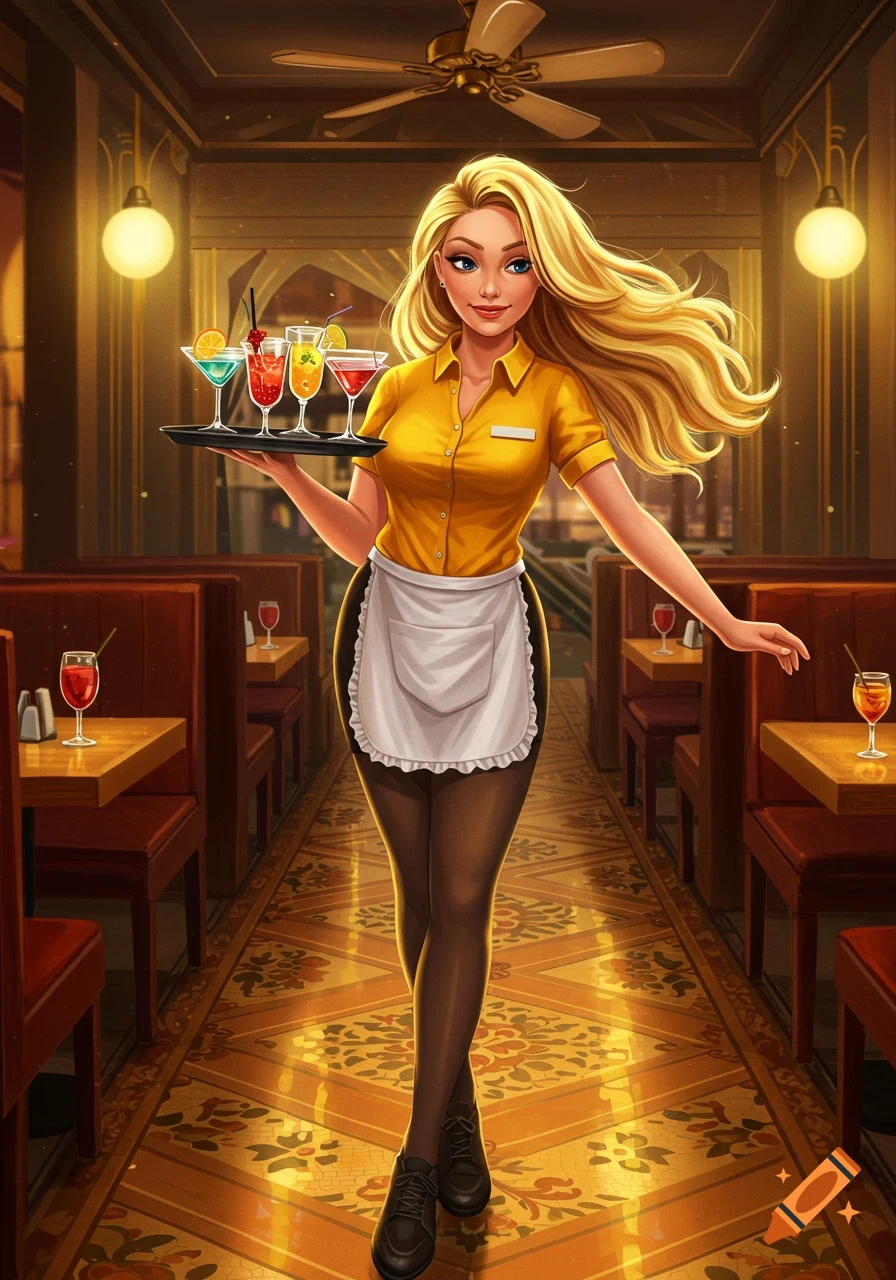 A confident blonde waitress in a yellow shirt and apron carries a tray of colorful drinks in an elegant, warmly lit restaurant. Illustrated style.
