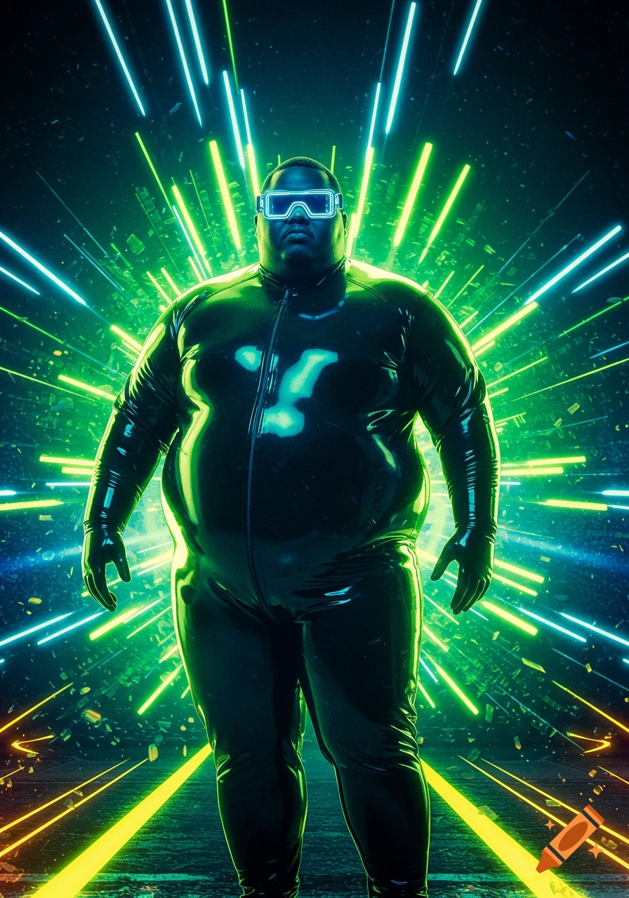 A large man in a glossy black latex suit and glowing blue futuristic glasses stands against a neon green and blue light burst background.